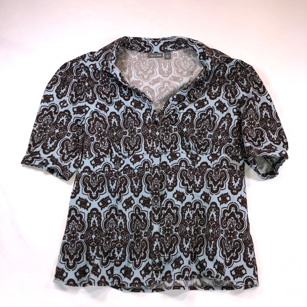 Apt. 9 Womens Large Blue Brown Damask Stretch Short Sleeve Button Up Top